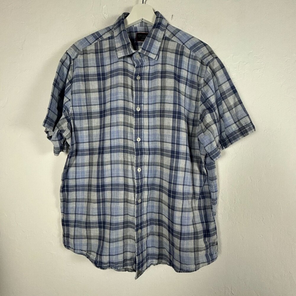 Untuckit Mens Plaid Short Sleeve Button-Down Cotton Benjamin Shirt Large Blue